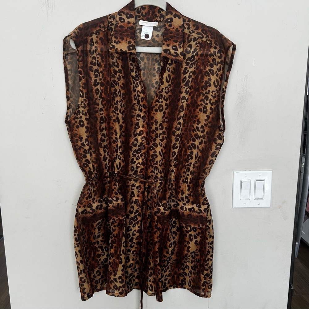 Gottex Brown Leopard Print coverup pockets drawstring waist button-down sz L.